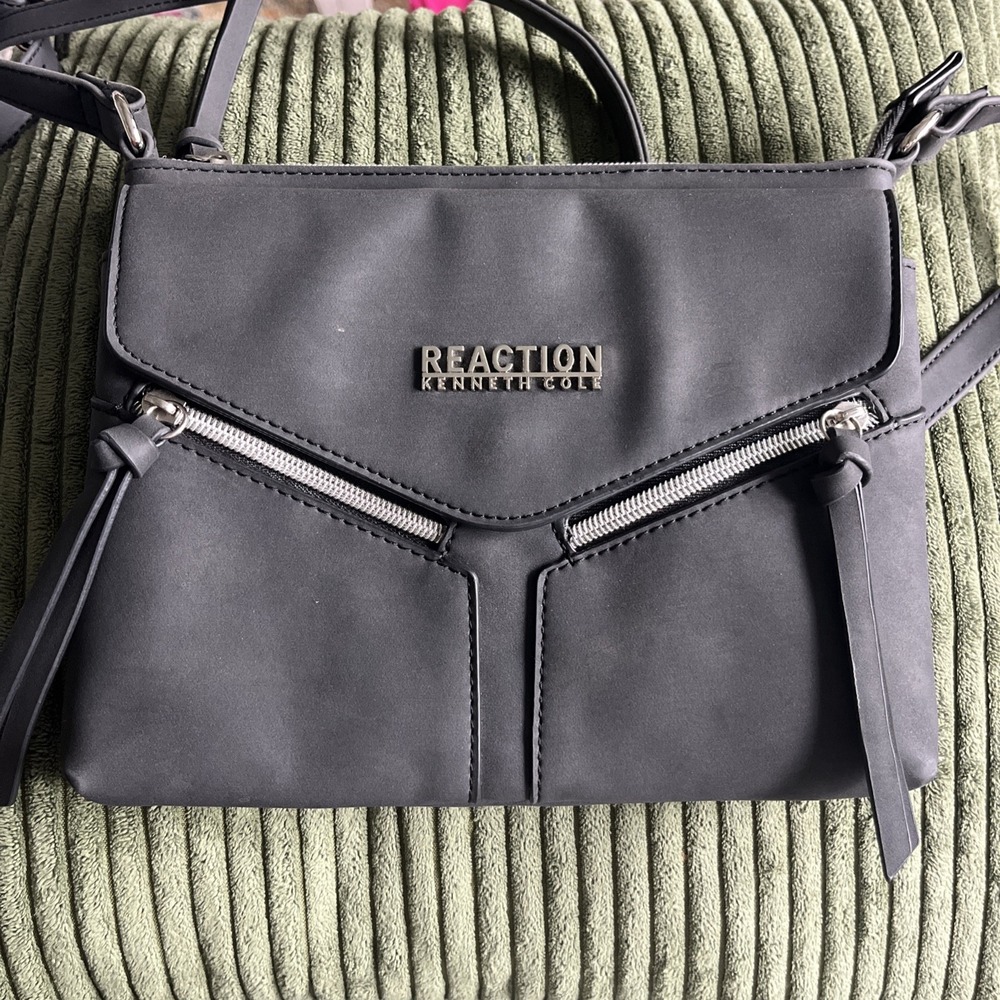 Kenneth Cole Reaction Dark Gray Faux Leather Crossbody with Front Silver Logo
